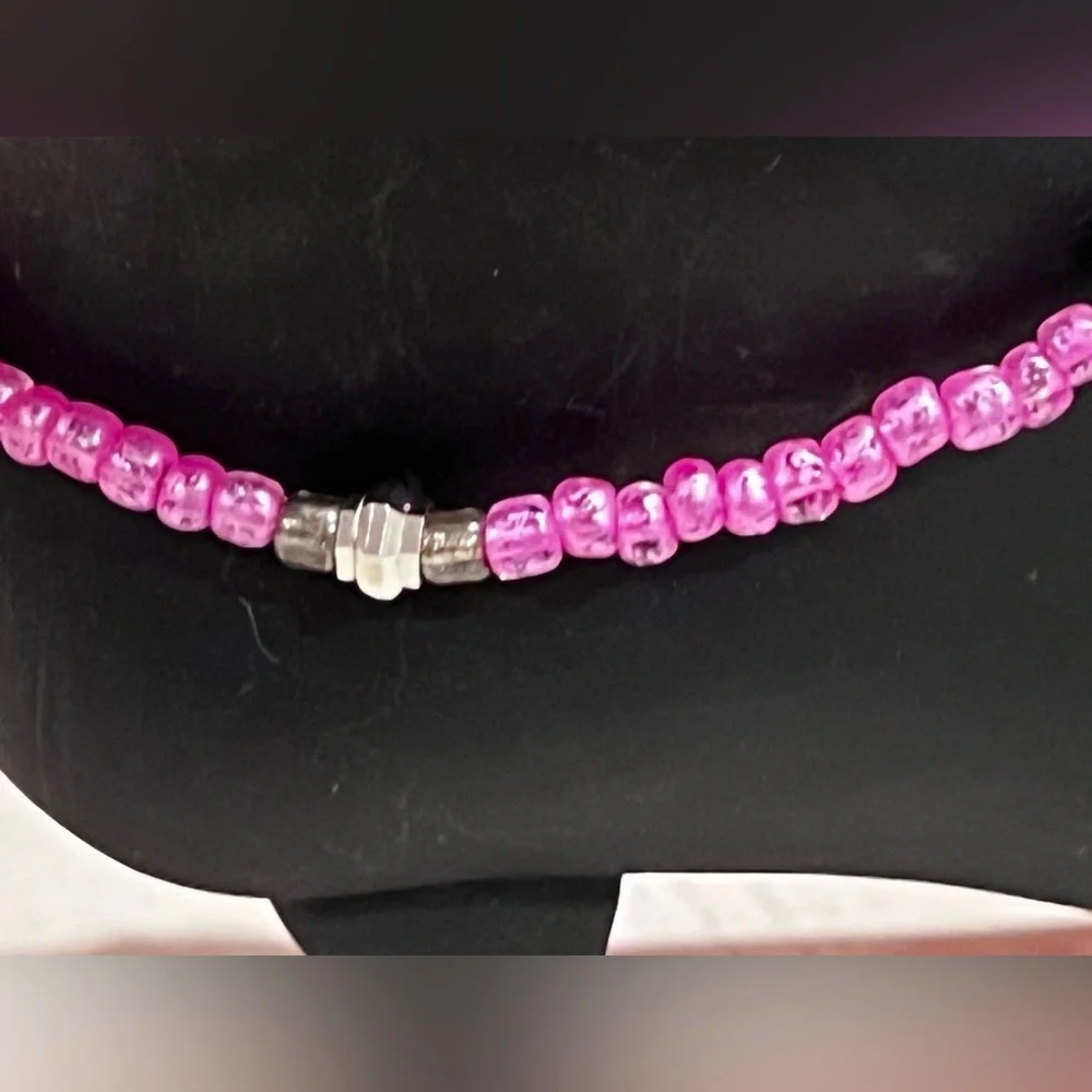 Pink Handmade Beaded Ankle Bracelet with Silver Accents